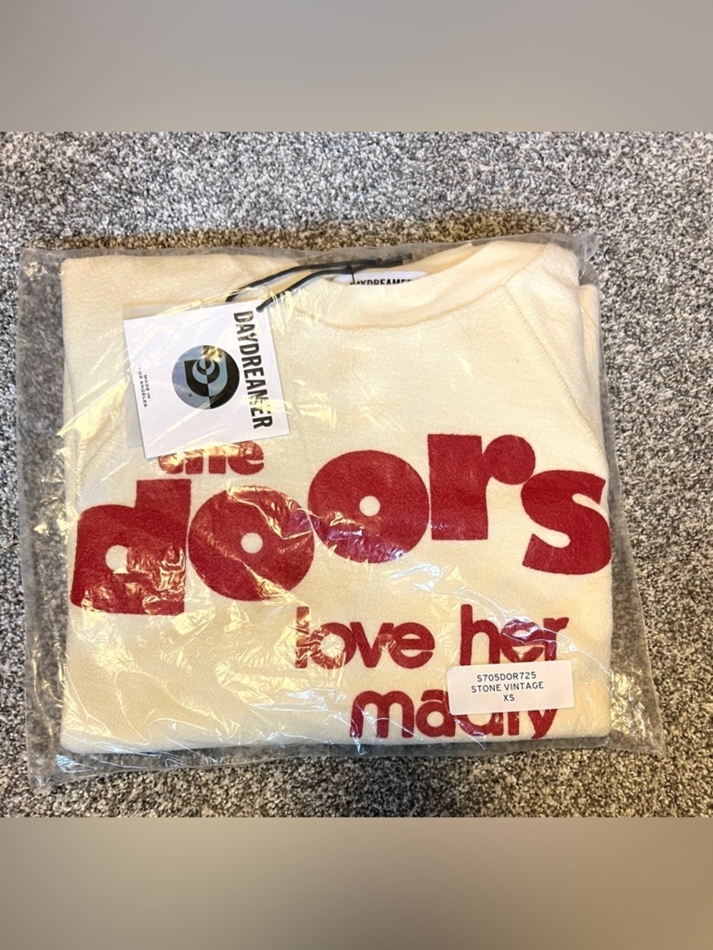 DAYDREAMER The Doors Love Her Madly Reverse Crew in Stone Vintage Size XS NWT - Picture 2 of 7